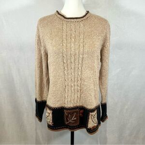 Erika Ramie Cotton blend tan & black fall leaf block pattern knit sweater medium